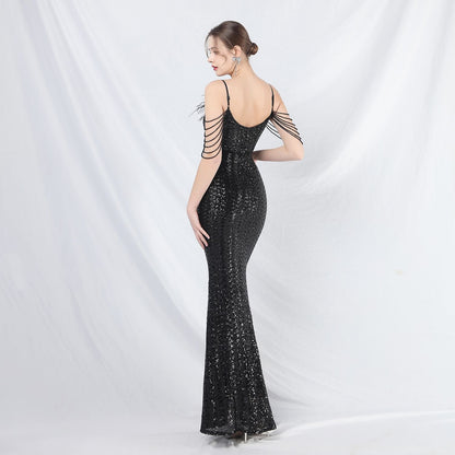 Ostrich Fur Illusion Beaded Formal Dress