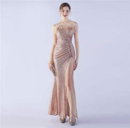 Ostrich Beaded Side Split Formal Dress