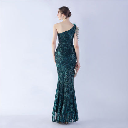 Fur Slant Neck One Shoulder Formal Dress