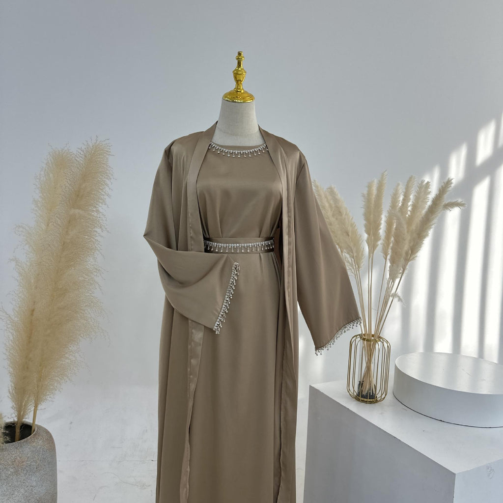 4pcs Set Cardigan+without  Sleeves Inner Dress+Crystal Chain+Hijab