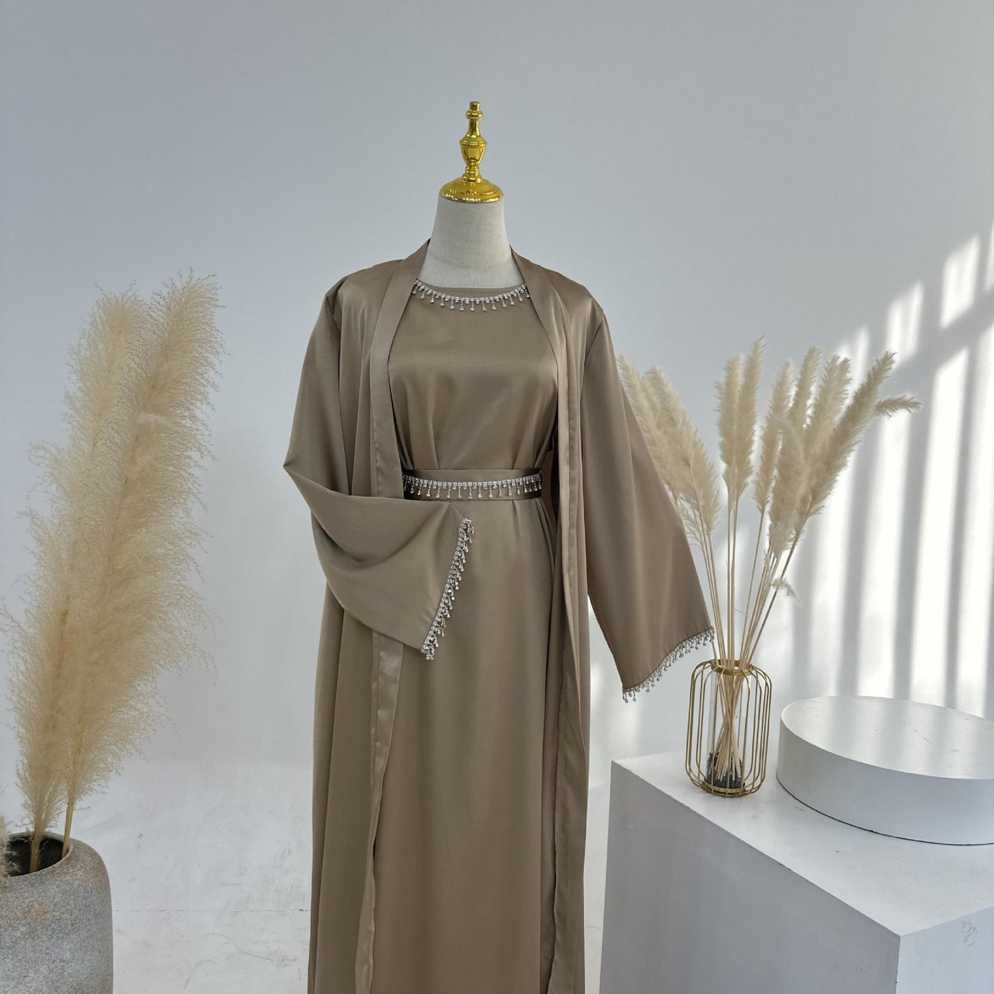 4pcs Set Cardigan+without  Sleeves Inner Dress+Crystal Chain+Hijab