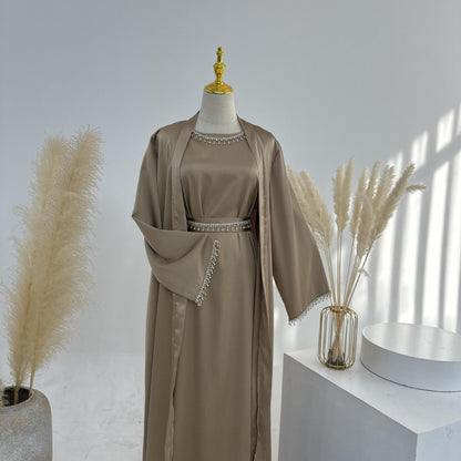 4pcs Set Cardigan+without  Sleeves Inner Dress+Crystal Chain+Hijab