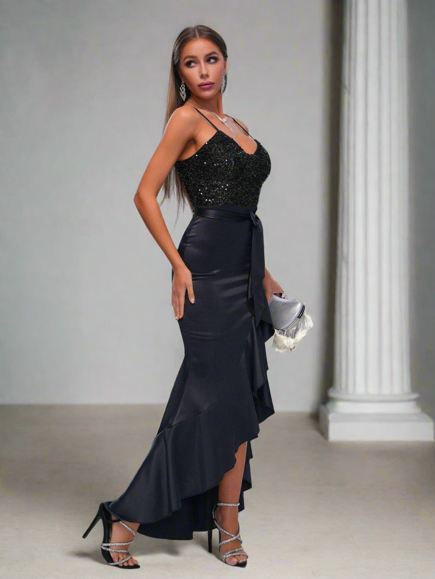 Spaghetti Straps Panel Ruffled Hem Dress