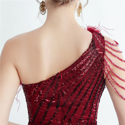 Fur Layered Beaded Formal Dress