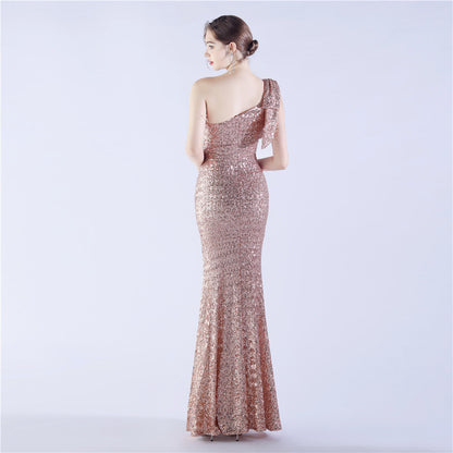 Fur Sequin One Shoulder Formal Dress
