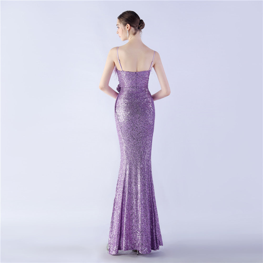 Fur Crafted Flower Formal Dress