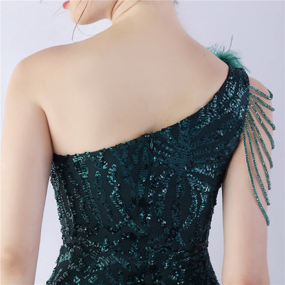 Fur Slant Neck One Shoulder Formal Dress