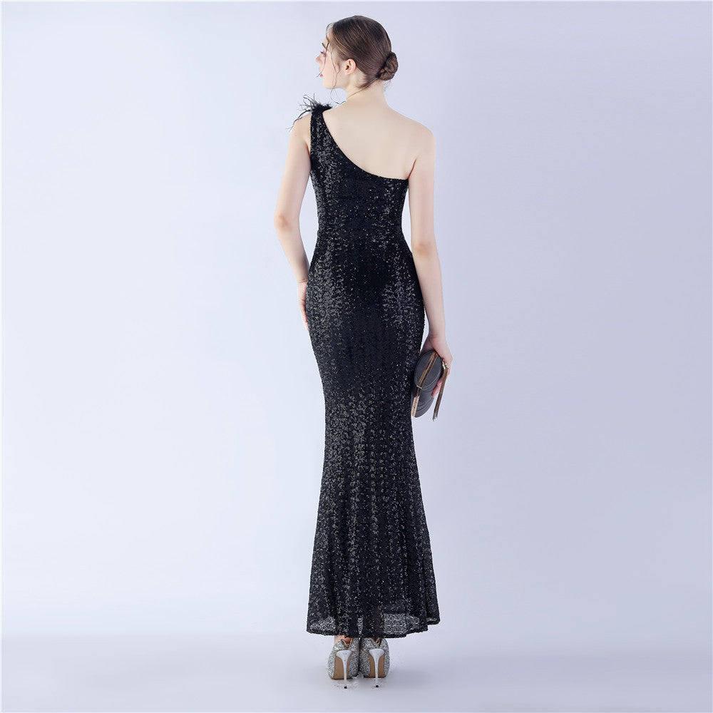 Ostrich Fur One-Shoulder Slant Neck Beaded Maxi Formal Dress