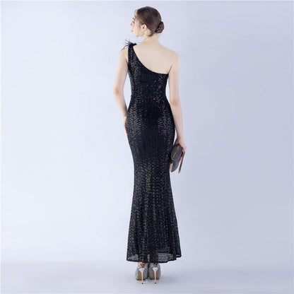Ostrich Fur One-Shoulder Slant Neck Beaded Maxi Formal Dress