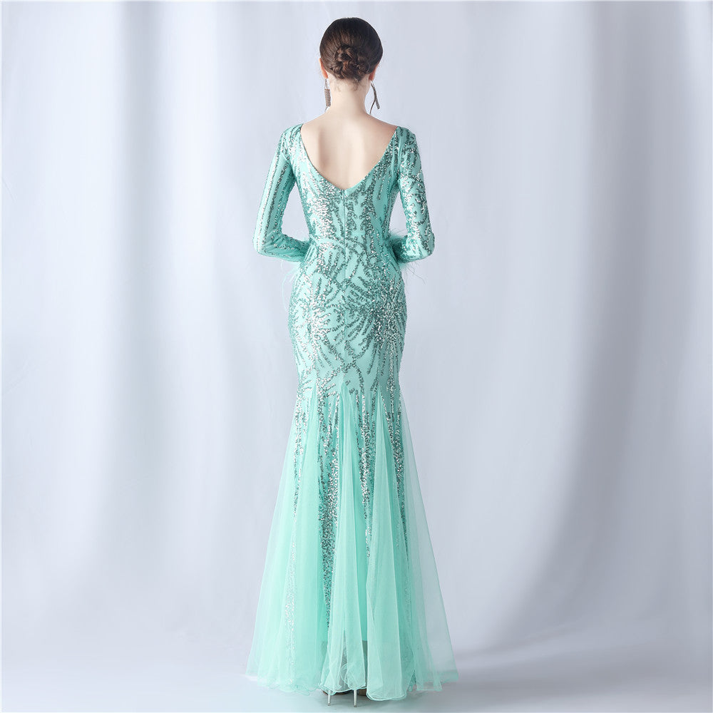 Ostrich Fur Mesh Beaded Formal Dresses