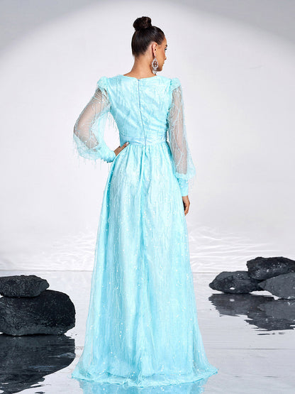 Sequin Fringed Bowknot Prom Dress