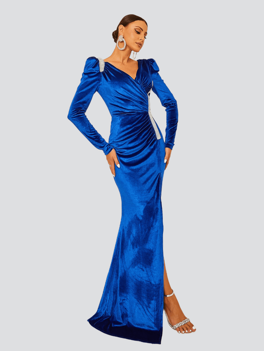 V-Neck Ruched Velvet Blue Dress