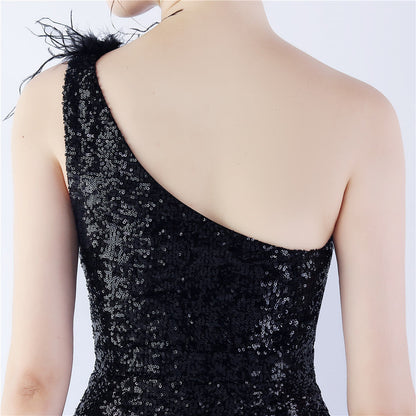 Ostrich Fur One-Shoulder Slant Neck Beaded Maxi Formal Dress
