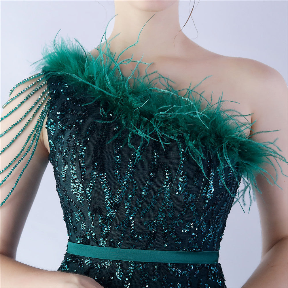 Fur Slant Neck One Shoulder Formal Dress