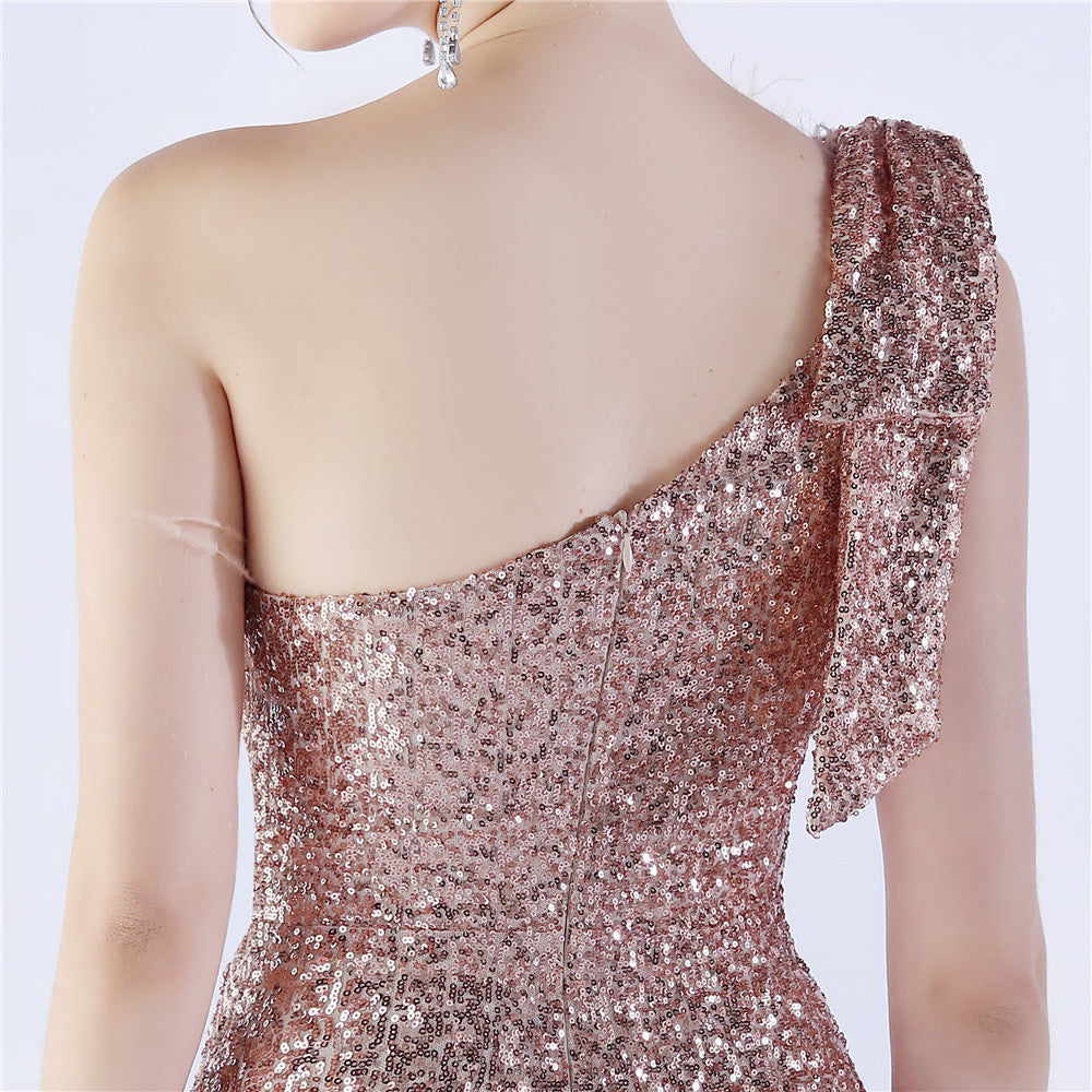 Fur Sequin One Shoulder Formal Dress