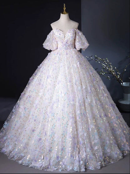 A-Line Neck Tulle Lace Light Purple Dress