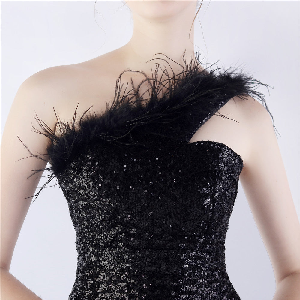 Ostrich Fur One-Shoulder Slant Neck Beaded Maxi Formal Dress