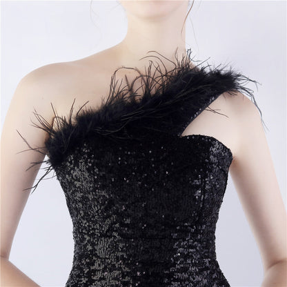 Ostrich Fur One-Shoulder Slant Neck Beaded Maxi Formal Dress