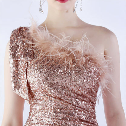 Fur Sequin One Shoulder Formal Dress