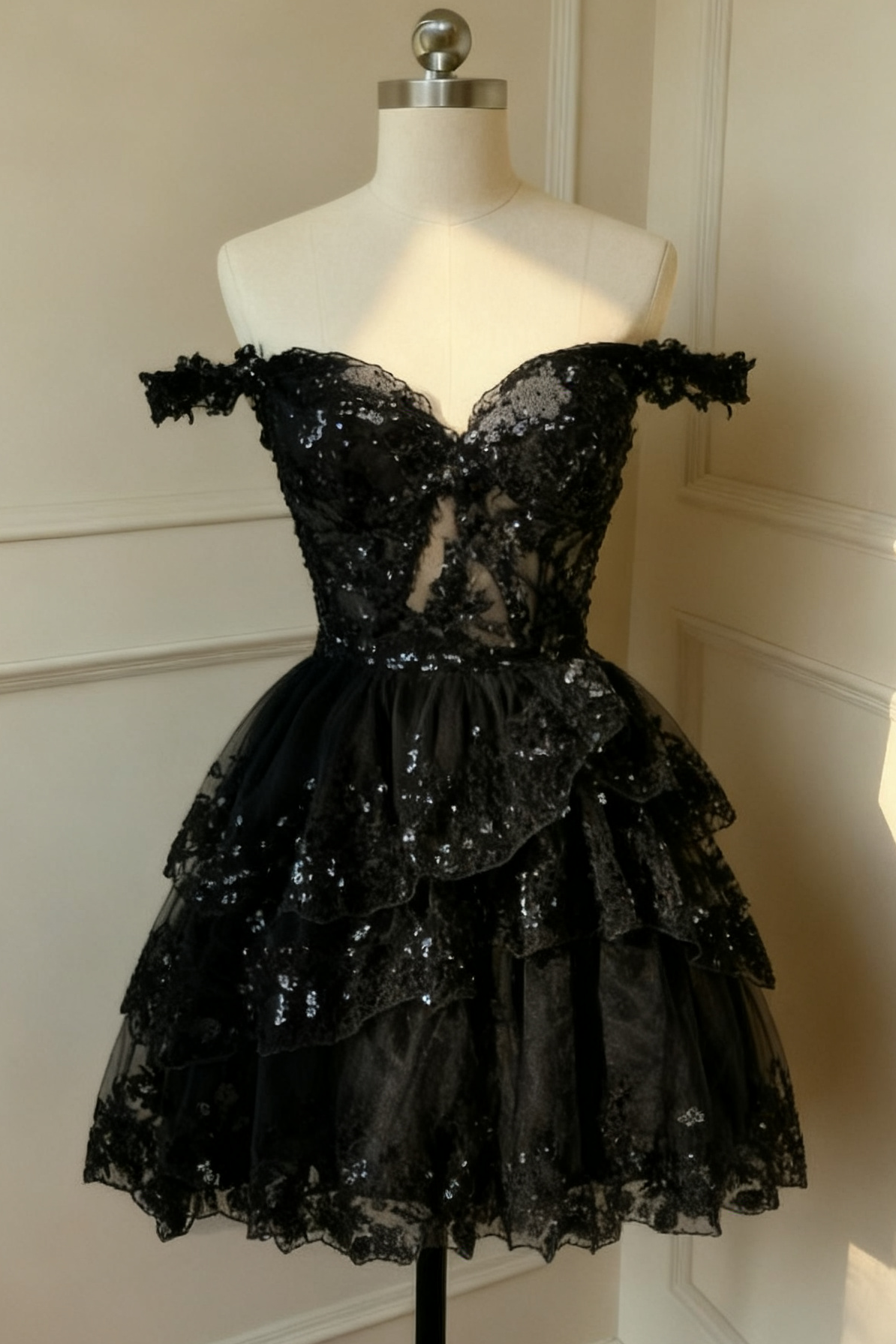 Sparkly Black A Line Off The Shoulder Corset Tiered Lace Short Homecoming Dress