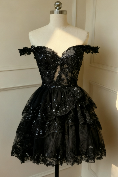 Sparkly Black A Line Off The Shoulder Corset Tiered Lace Short Homecoming Dress
