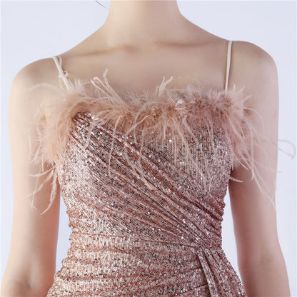 Ostrich Beaded Side Split Formal Dress