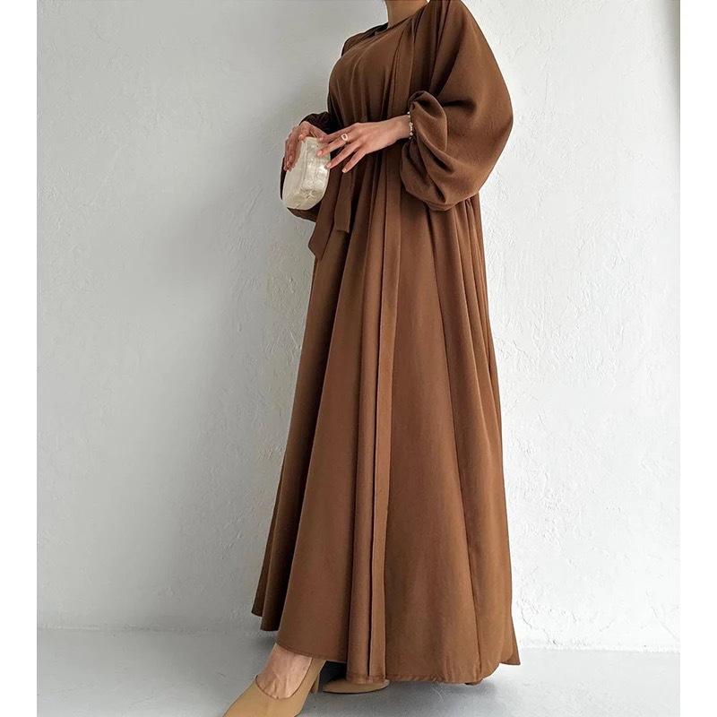 Two Pieces Set Nidha Open Abaya with Bubble Sleeves and Inner Dress