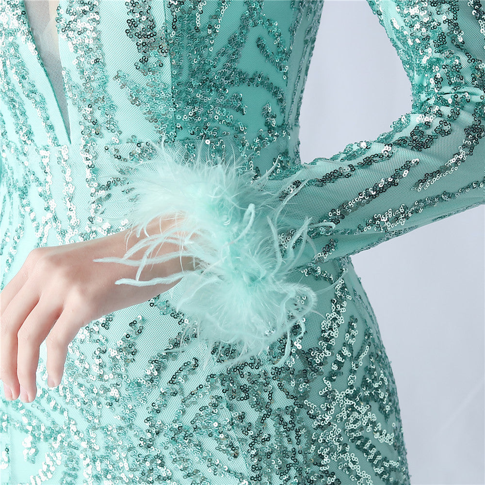 Ostrich Fur Mesh Beaded Formal Dresses