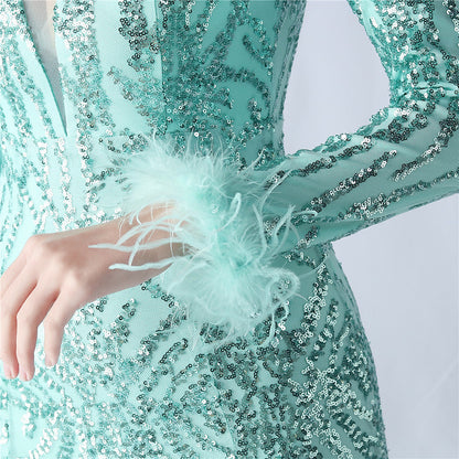 Ostrich Fur Mesh Beaded Formal Dresses