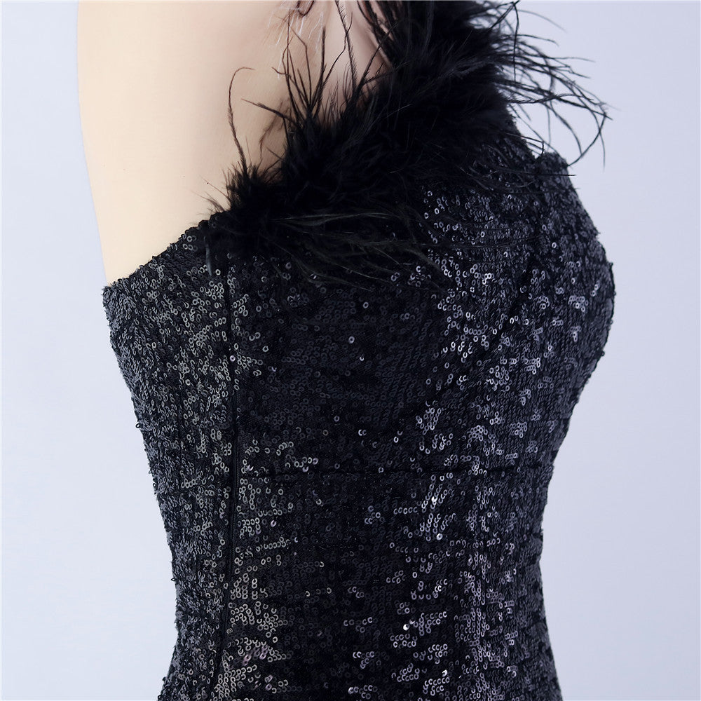 Ostrich Fur One-Shoulder Slant Neck Beaded Maxi Formal Dress