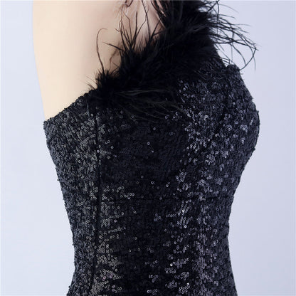 Ostrich Fur One-Shoulder Slant Neck Beaded Maxi Formal Dress