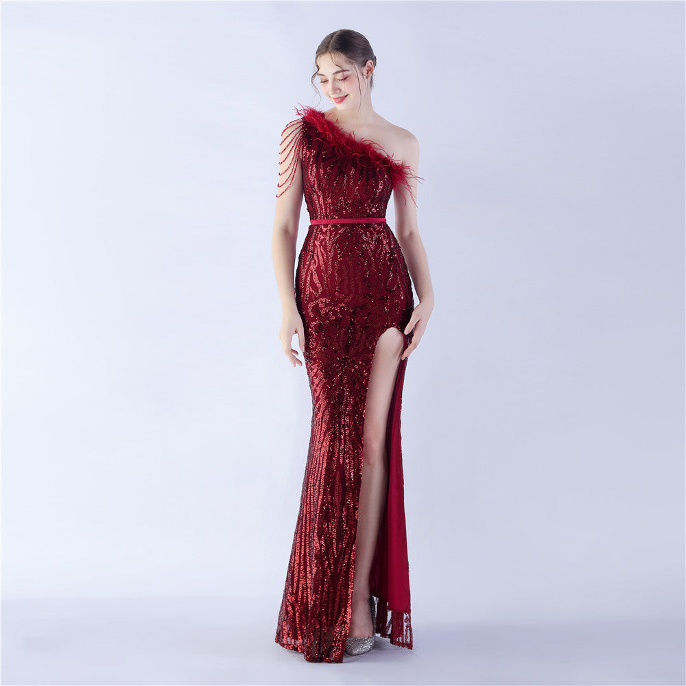Fur Slant Neck One Shoulder Formal Dress