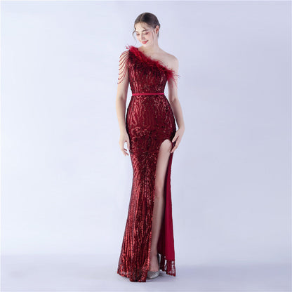 Fur Slant Neck One Shoulder Formal Dress