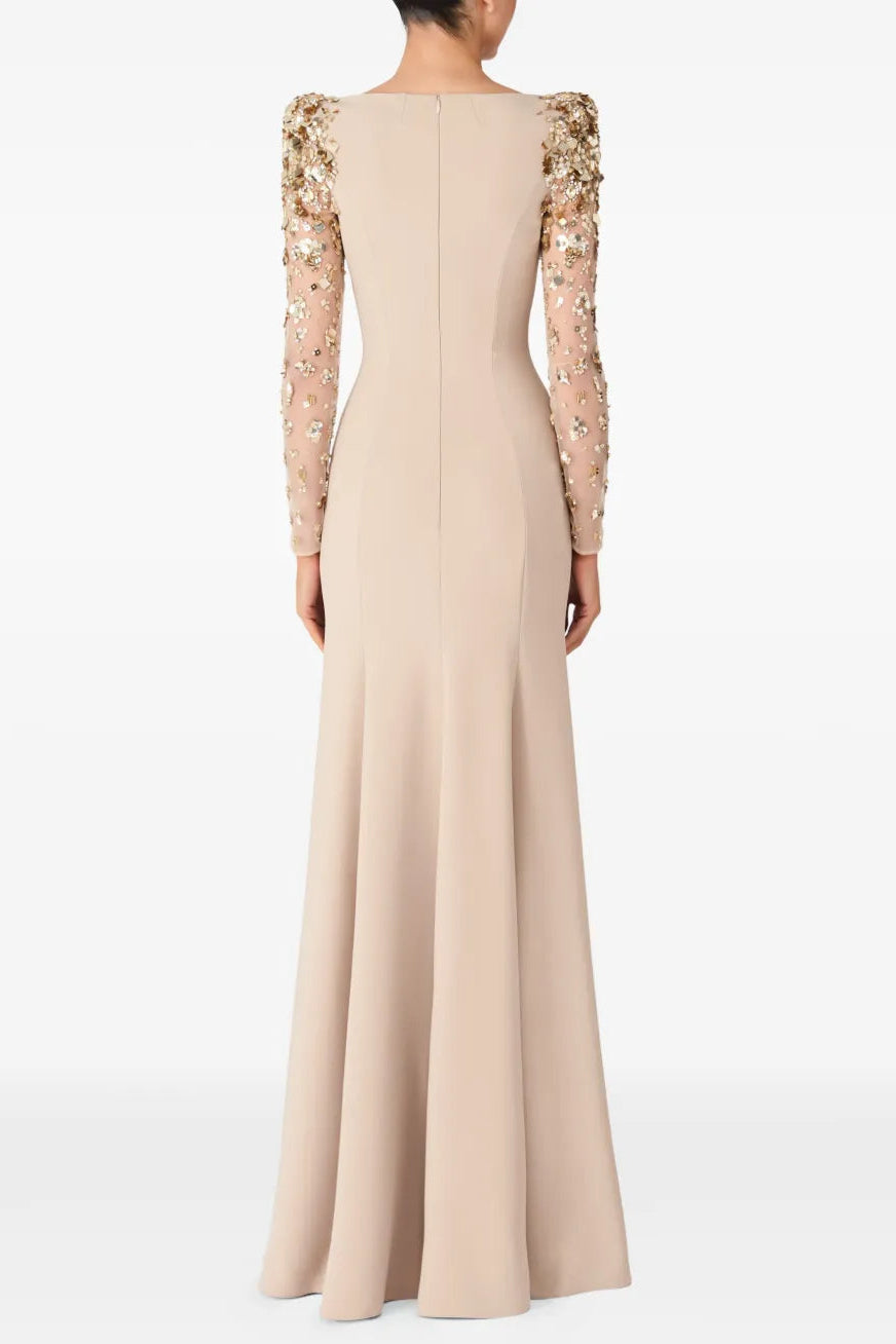 martha Mesh splicing beading diamond maxi dress in apricot