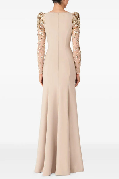 martha Mesh splicing beading diamond maxi dress in apricot