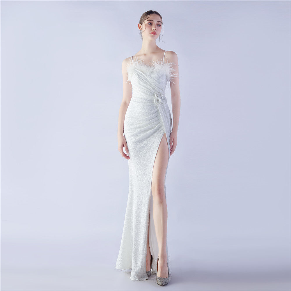 Fur Crafted Flower Formal Dress