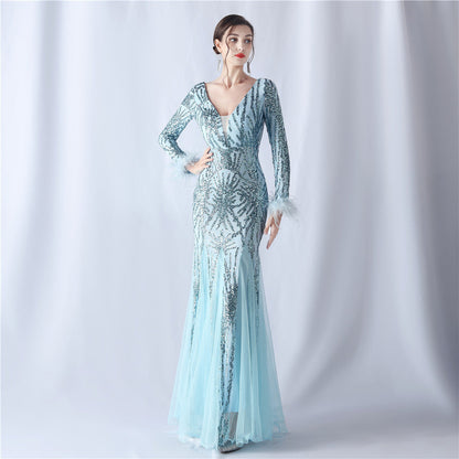 Ostrich Fur Mesh Beaded Formal Dresses