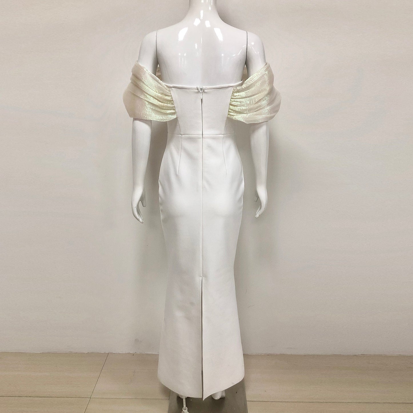 Off-Shoulder pearl embellished bodycon maxi dress in white