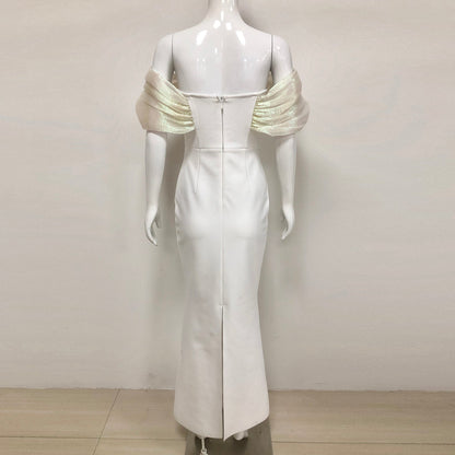 Off-Shoulder pearl embellished bodycon maxi dress in white