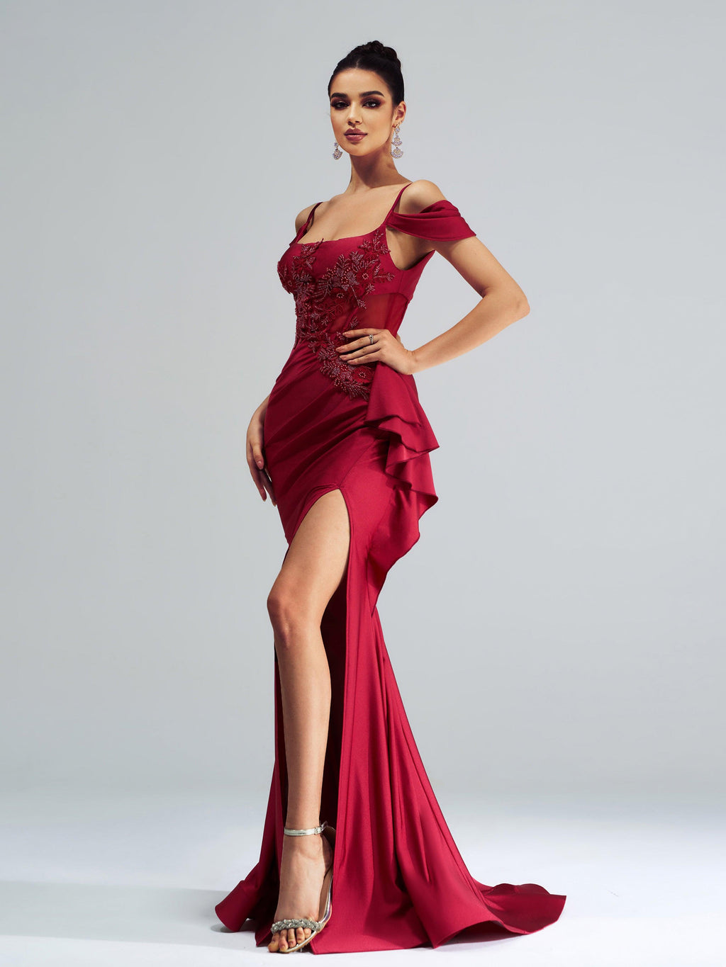 Red Embroidered Ruffled Mermaid Prom Dress