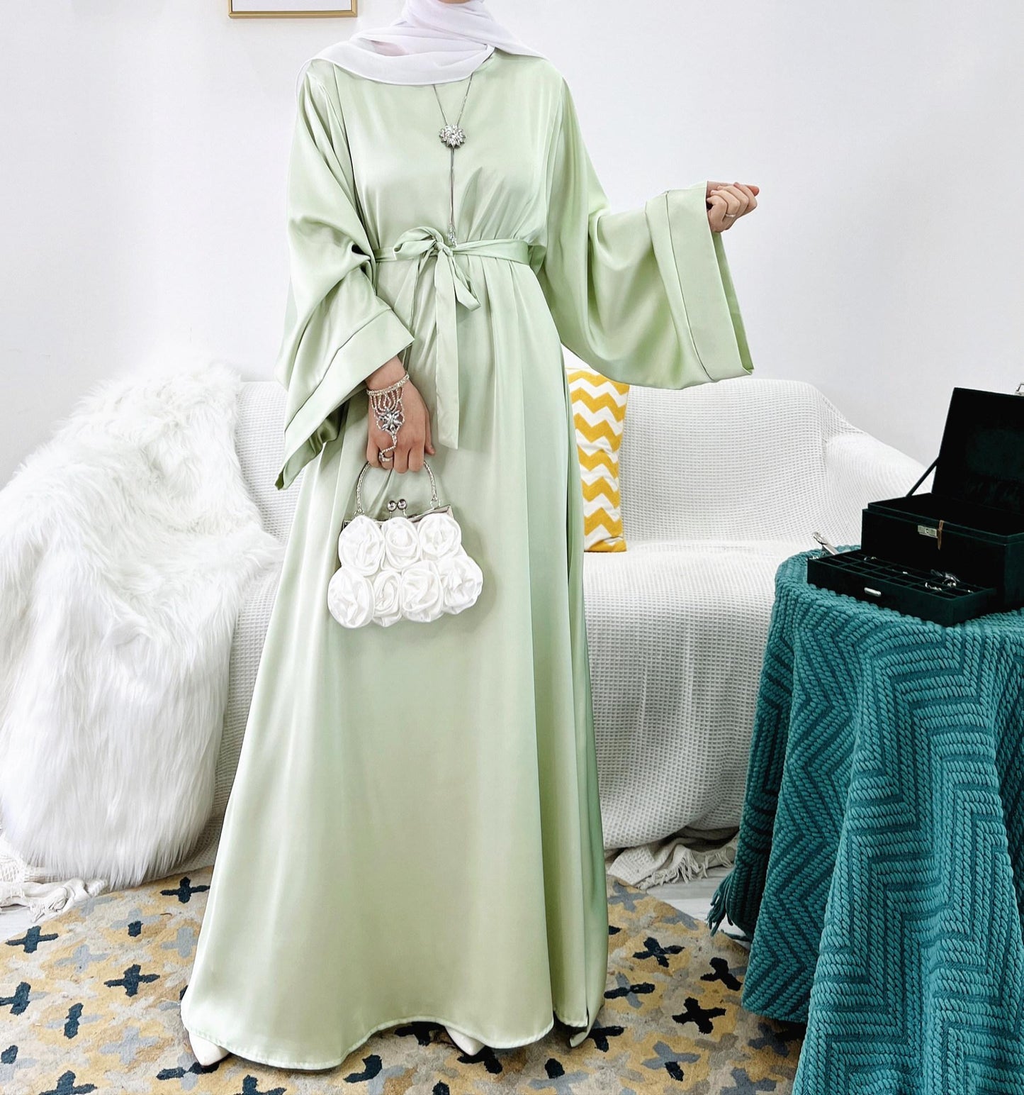 Satin Solid Color Abaya with Zip Pockets