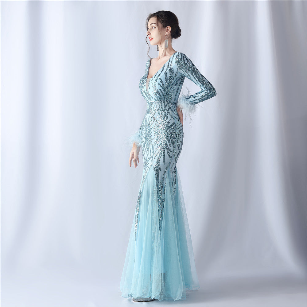 Ostrich Fur Mesh Beaded Formal Dresses