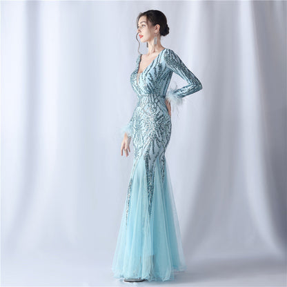 Ostrich Fur Mesh Beaded Formal Dresses