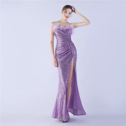 Ostrich Beaded Side Split Formal Dress