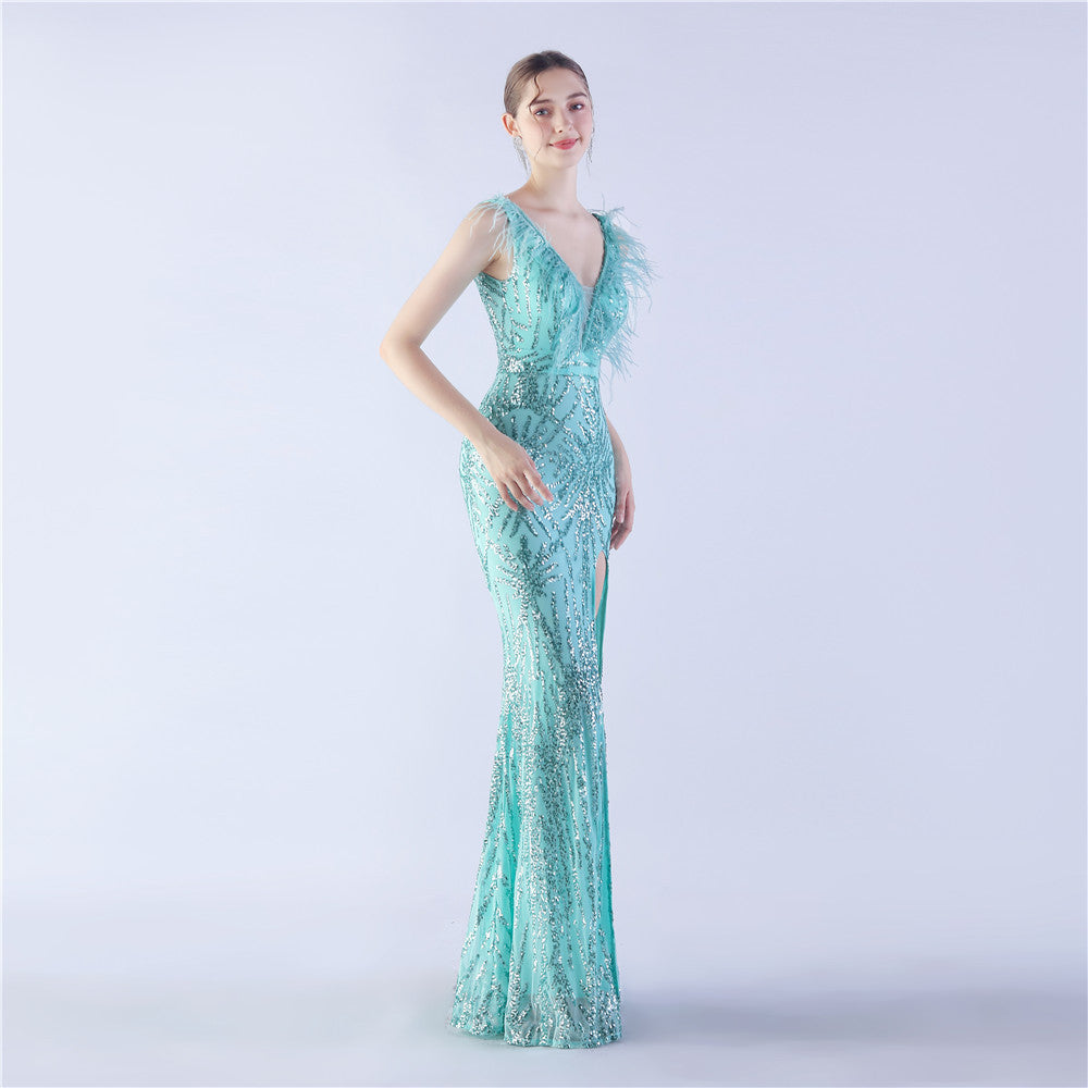 Camel Hair Side Split Formal Dress