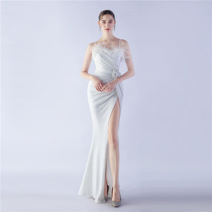Fur Crafted Flower Formal Dress