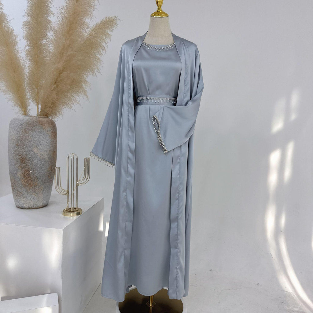 4pcs Set Cardigan+without  Sleeves Inner Dress+Crystal Chain+Hijab