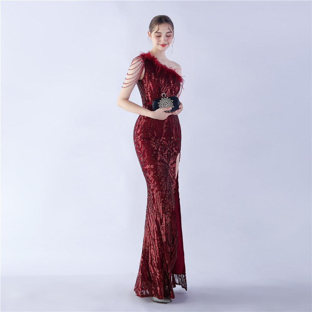 Fur Slant Neck One Shoulder Formal Dress