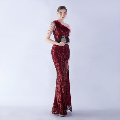 Fur Slant Neck One Shoulder Formal Dress