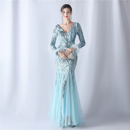 Ostrich Fur Mesh Beaded Formal Dresses